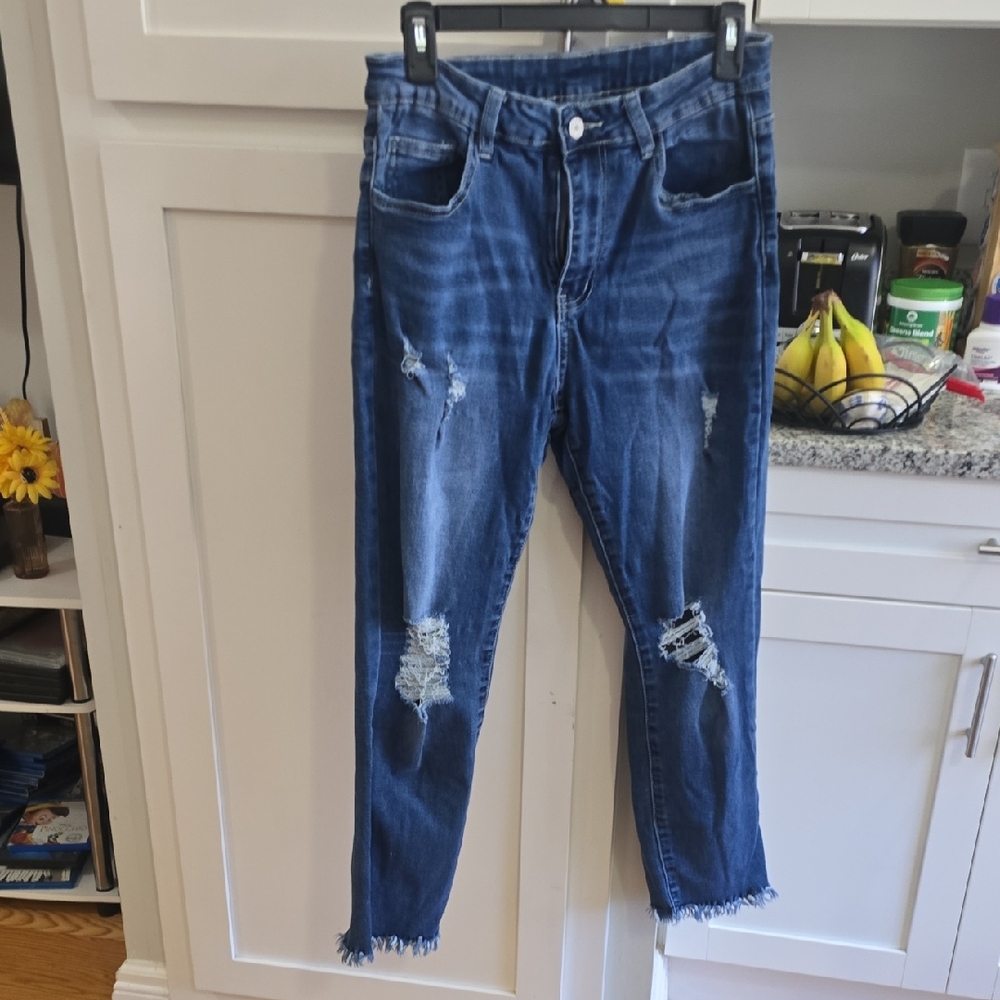 Distressed Blue Denim Jeans (Cropped)
